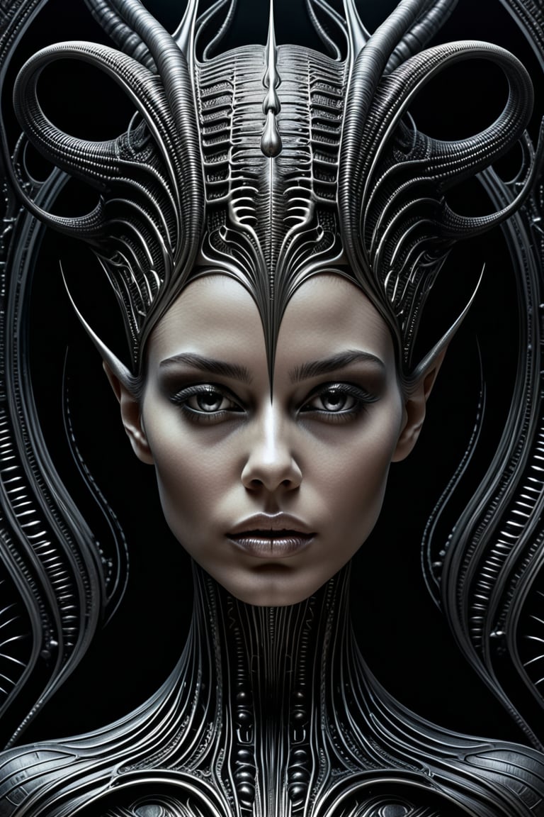 A unique blend of H. R. Giger, Artgerm and Beksinski, elegant young woman with a gentle yet imposing face, poster, female, hyper detailed, high contrast,masterpiece, beautiful face,  masterpiece,surreal,8K, HDR, abstract, pointed_ears,Illustration art piece,ultra high quality model, surrealism,,<lora:659095807385103906:1.0>