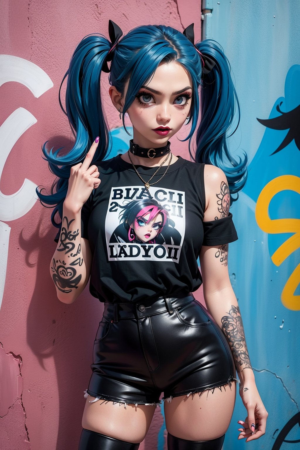 Punk trad goth subculture gothic Girl trad goth makeup punk post punk, black twin tails with blue streaks,giving middle finger, graffiti wall,middle finger