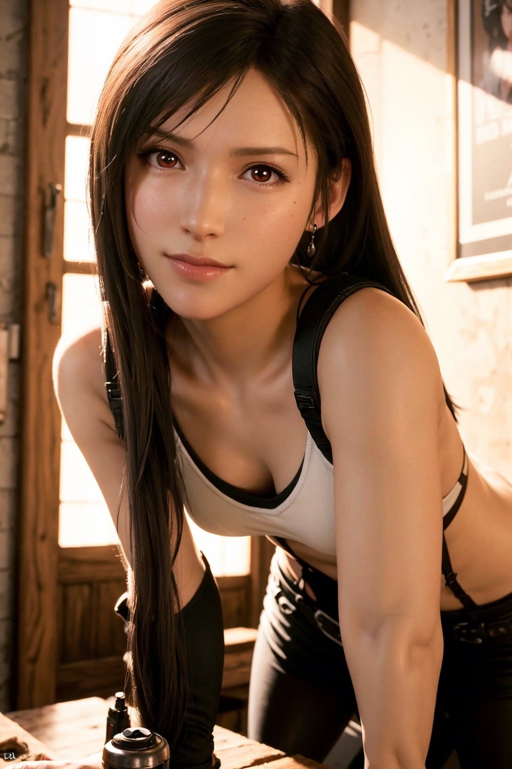 long hair,very detailed image, curvy_figure, mixture of fantasy and realism, hdr, ultra hd, 4k, 8k,TifaFF7,perfecteyes,tifa lockhart,realhands, medium_tits,(Photorealistic: 1.4), top quality, very delicate and beautiful, high resolution, tifa_lockhart, smile,beautiful detailed red eyes, face light, high exposure,(medium breasts: 1.2),dynamic poses, dynamic angles, leaning forward, close up photo