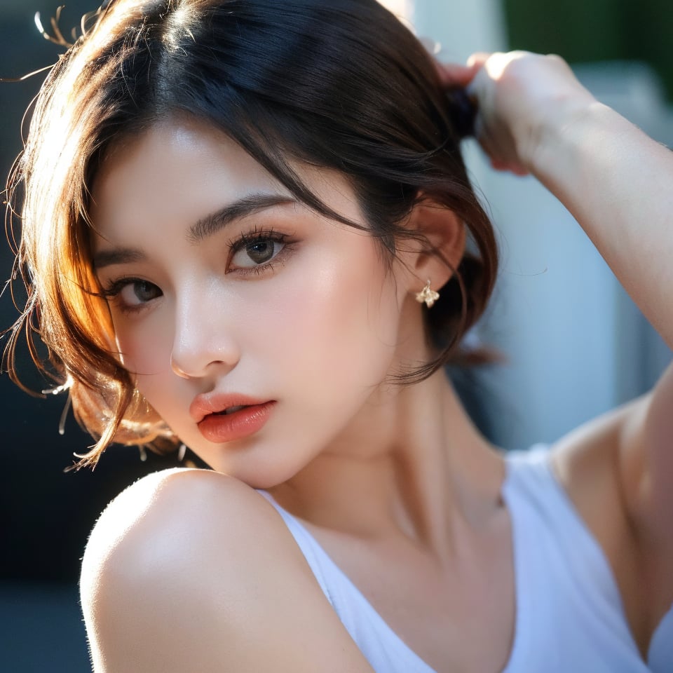 1girl,Kawaii, close up face shot, (bunny teeth:0.9), thick neat eyebrows, chinese arabian descent, uyghur descent, (monolid:1.4), sleepy eyes, (masterpiece, best quality, hires, high resolution:1.2),Cinematic film still, looking at viewer, Cinematic film still,(RAW photo, best quality), (realistic, photo-realistic:1.4), masterpiece, an extremely delicate and beautiful, army short haircut, perfect anatomy,soft light,(RAW photo, best quality), (realistic, photo-realistic:1.4), masterpiece, an extremely delicate and beautiful, white flat plain background, (short hair)