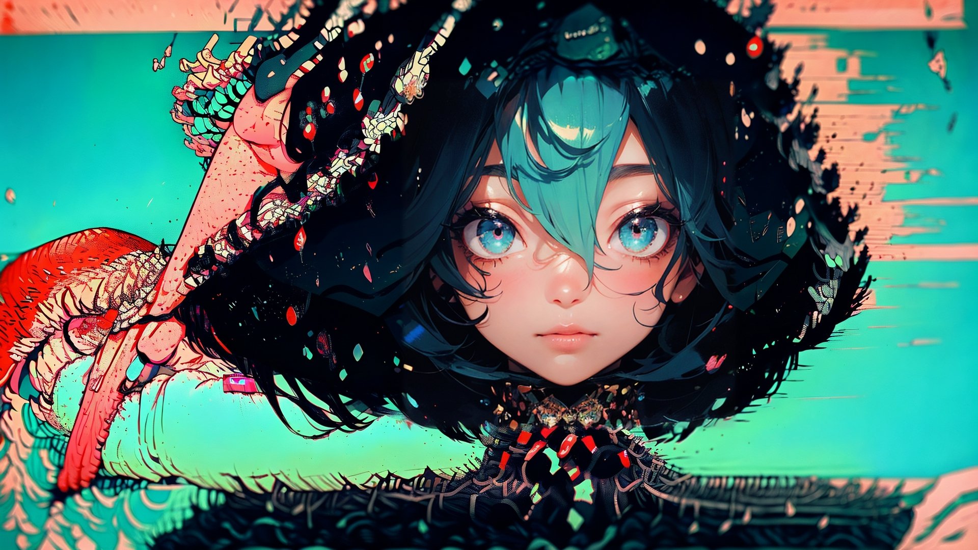 anime artwork of someone in a top and short black outfit, head, in the style of vibrant pop surrealism, by Yoshitaka Amano, 32k uhd, delicate portraits, shiny eyes, light red and sky-blue, cute and colorful, exaggerated facial features --ar 16:9 