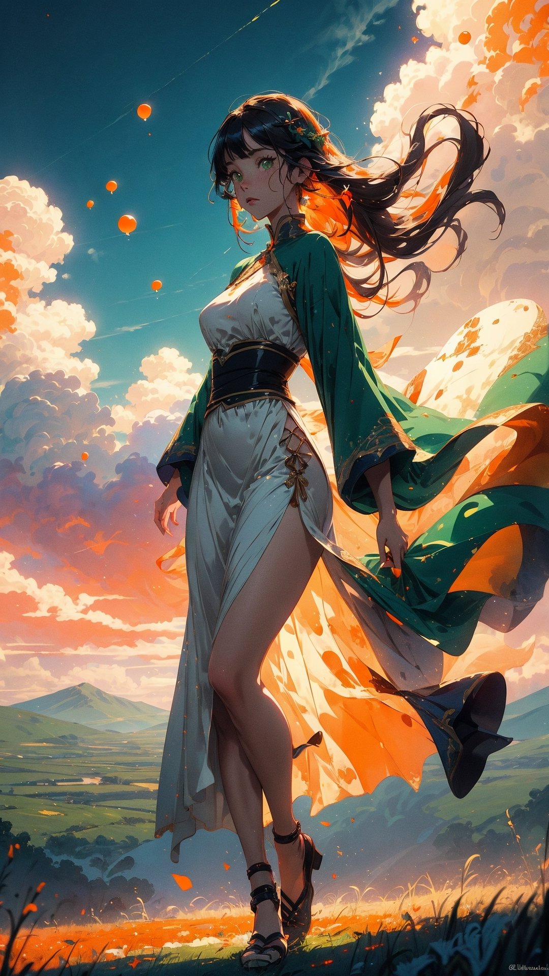 ((masterpiece)), (best quality), (cinematic), a woman in a long white dress, running through an open field, long black hair, bangs, chubby, wide hips, full body, green eyes, freckles on cheeks, wind, detailed face, detailed body, red and orange sky, glow, clouds, vegetation, green plains, floating bubbles, (cinematic, colorful), vast field, (extremely detailed), inspired by Studio Ghibli, EpicSky, cloud, sky, highly detailed, detailed face