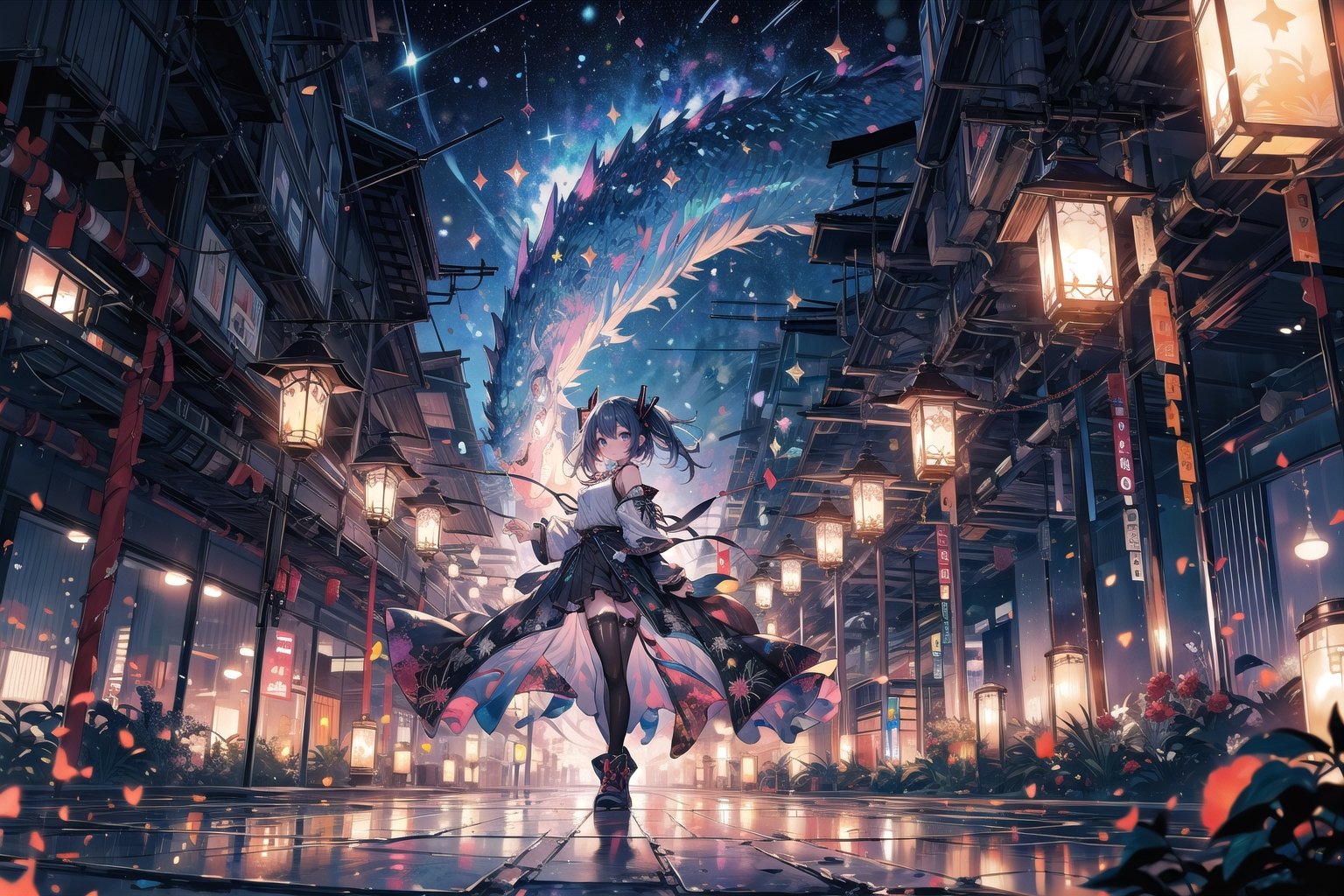 (masterpiece), best quality, high resolution, highly detailed, detailed background, cinematic light, "In the embrace of ambient lights, ' starry sky,  miku