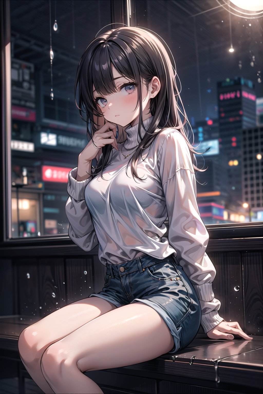 (masterpiece), best quality, high resolution, highly detailed, detailed background, cinematic light, "In the embrace of ambient lights, 'Rainy Contemplation' unveils a scene where a girl, adorned in denim shorts and a cozy brown sweater, sits gracefully. As raindrops delicately tap on the window, she gazes introspectively at the world.