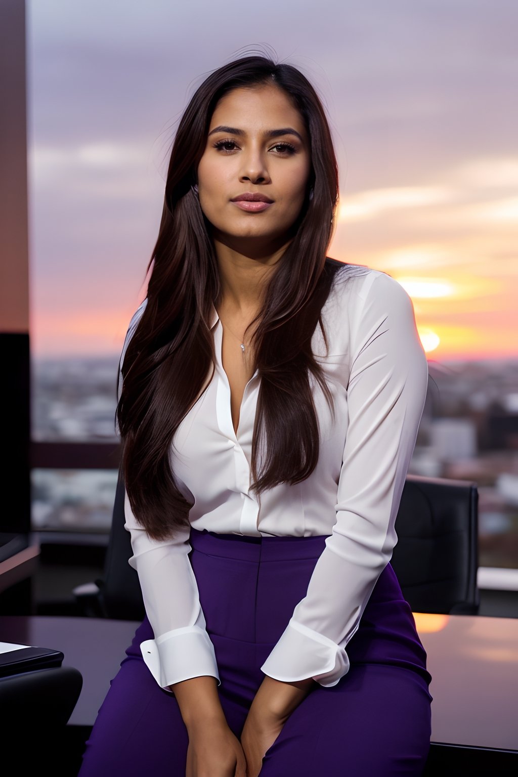 face photo of a beautiful latina 26 y.o woman model,, brown skin, thin, corporate attire, chiseled jawline, narrow face, beautiful flowing hair, sitting, ultra realistic, ultrawide, sunset, dusk, purple skies, news anchor outfit, holding microphone

