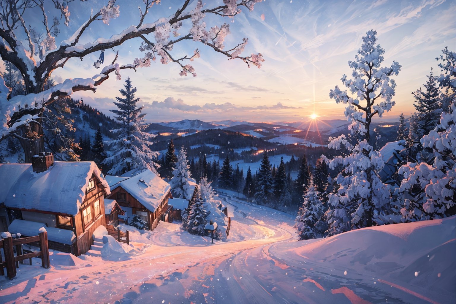 beautiful  view of winter wonderland, snowing outside, cozy warm, beautiful, lovely winter, winter, snow, snowing, warm and sunny outside, beautiful nature, sun raws, dusk, beuatiful, gorgeous, nature 8k, hd, high quality,
 cozy 