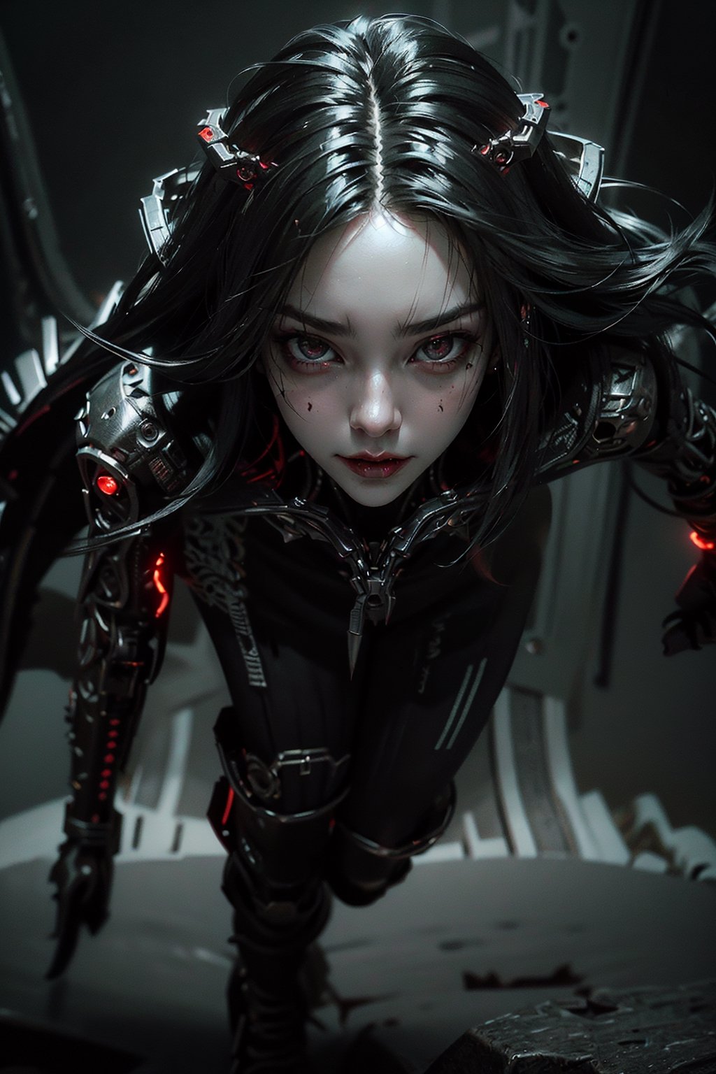 A female vampire, futuristic vampire, beautiful face, realistic face, detailed face, sinister smile, vampiric fangs, cyberpunk gear, (((long flowing hair))), neon-lit cityscape, cold piercing eyes, vamptech-enhanced attire, glowing veins, cybernetic enhancements, high tech urban environement backdrop, dynamic pose, otherworldly, technologically enhanced immortal, High-quality illustration, intricate details, a play of light and shadows, ,vamptech, darkest of nights, red moon, full body shot,horror ,Female soldier,Realism,Detailedface