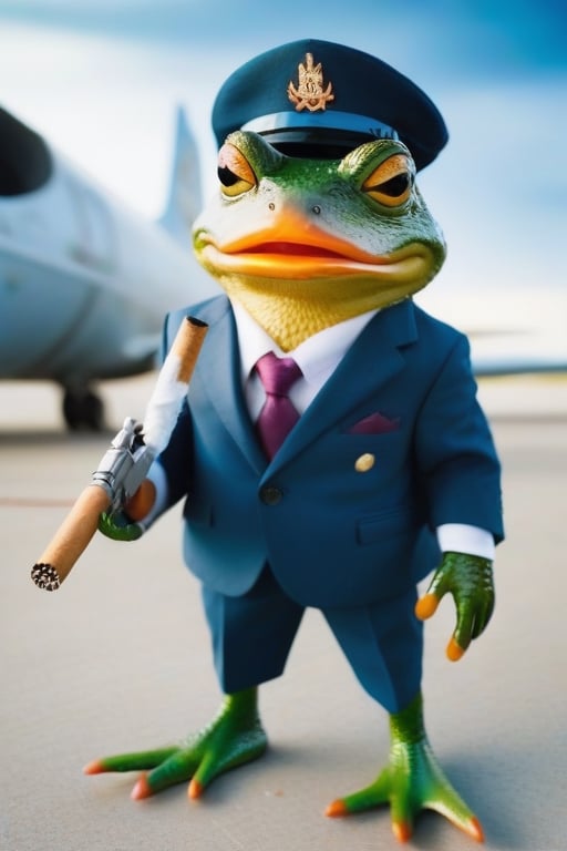 Mafia frog with a cigarette in its mouth in business uniform holding an AK-47 attempting to explode an airplane full of scared ducks