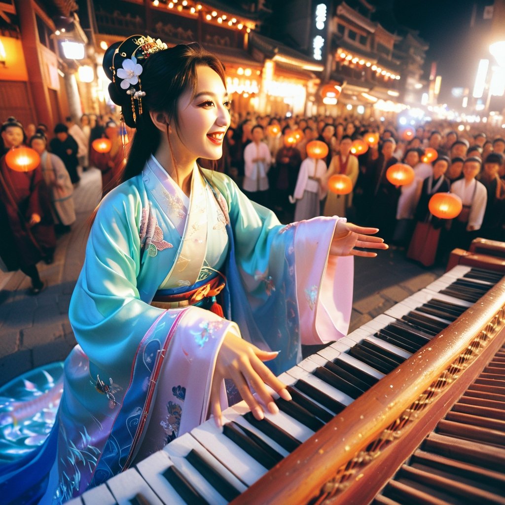 Realistic 16K resolution Cobalt tone colors photography featuring majicMIX realistic lora, a joyful girl wearing fashionable traditional Hanfu playing Gezi Opera, at glowing stage in middle of the street. illuminated by film grain, realistic skin, dramatic lighting, soft lighting, exaggerated perspective of ((fisheye lens depth)),
break, 
1 girl, Exquisitely perfect symmetric very gorgeous face, perfect breasts, Exquisite delicate crystal clear skin, Detailed beautiful delicate eyes, perfect slim body shape, slender and beautiful fingers, nice hands, perfect hands, perfect pussy, illuminated by vivid colors theme, film grain, realistic skin, dramatic lighting, soft lighting, exaggerated perspective of  (fisheye lens depth,),