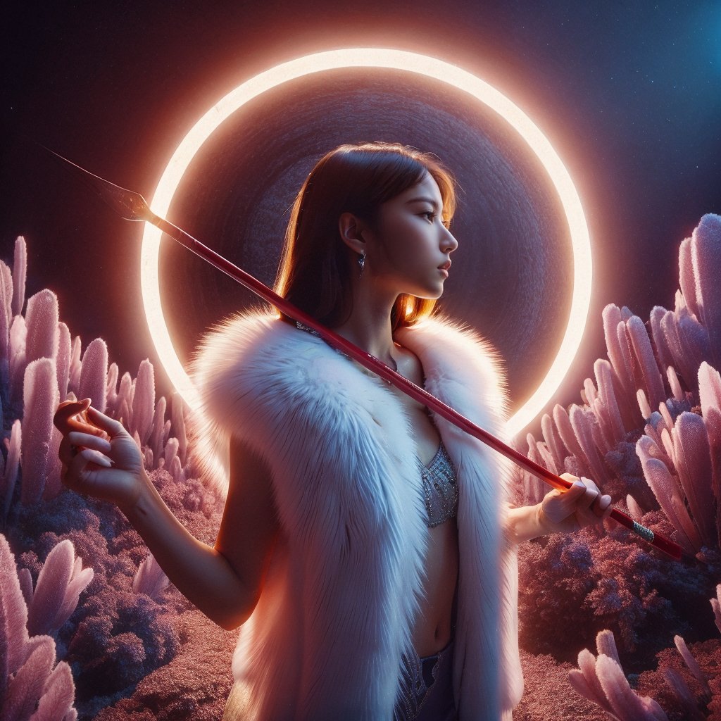 Realistic 16K resolution photography, a girl wearing a stylish white fur vest and holding red javelin above her head, looking sideways, standing on alien planet wasteland filled with purple crystals, with a huge halo behind her,
break, 
1 girl, Exquisitely perfect symmetric very gorgeous face, Exquisite delicate crystal clear skin, Detailed beautiful delicate eyes, perfect slim body shape, slender and beautiful fingers, nice hands, perfect hands, illuminated by film grain, realistic skin, dramatic lighting, soft lighting, exaggerated perspective of ((fisheye lens depth)),