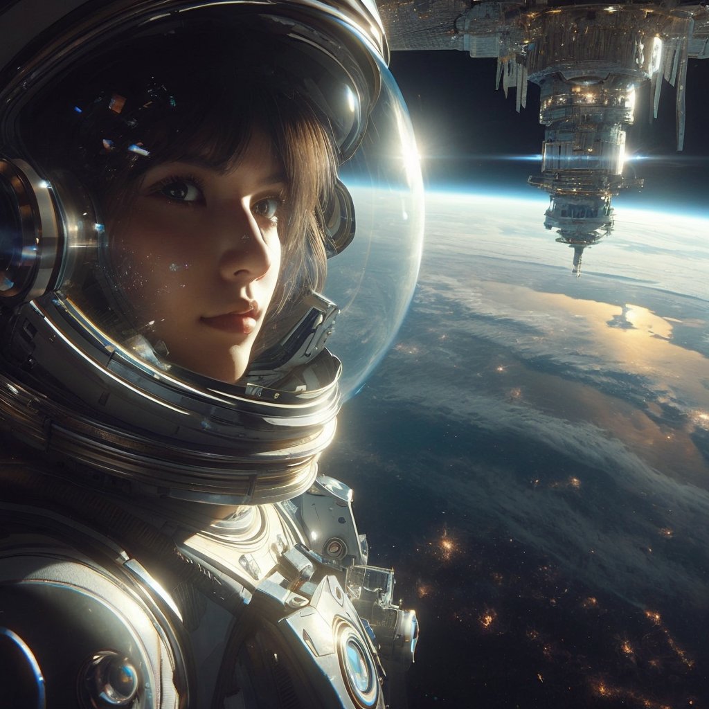 Realistic 16k resolution photography of in 2100 year 1girl wearing Futurism slim space suite, helmet, floating above earth, in front the space station,
break, 
1 girl, Exquisitely perfect symmetric very gorgeous face, Exquisite delicate crystal clear skin, Detailed beautiful delicate eyes, perfect slim body shape, slender and beautiful fingers, nice hands, perfect hands, illuminated by film grain, realistic style, realistic skin texture, dramatic lighting, soft lighting, exaggerated perspective of ((Wide-angle lens depth)),