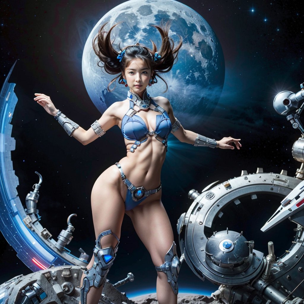 Realistic 16K resolution gray blue tone photography of 1 girl, wearing intricate high-tech bodysuit covering her entire body with biomechanical style, intricate mechanical details, glowing cybernetic enhancements,, battle pose, in outer space, in front of moon deity and nebulae, space station,
break, 
1 girl, full body shot, Exquisitely perfect symmetric very gorgeous face, Exquisite delicate crystal clear skin, Detailed beautiful delicate eyes, perfect slim body shape, slender and beautiful fingers, legs, perfect hands, legs, illuminated by film grain, realistic style, realistic skin texture, dramatic lighting, soft lighting, exaggerated perspective of ((Wide-angle lens depth)), Fantasy, extreme detail description, frank frazetta style, 80s fantasy movie style,insane details,high details