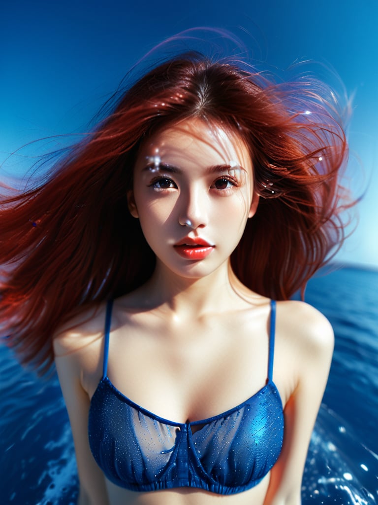 Realistic 16K resolution blue-red tone photography of 1 girl with nice hair, floating in the wind,
break,
1 girl, Exquisitely perfect symmetric very gorgeous face, Exquisite delicate crystal clear skin, Detailed beautiful delicate eyes, perfect slim body shape, slender and beautiful fingers, nice hands, perfect hands, illuminated by film grain, Stippling style, dramatic lighting, soft lighting, motion blur, exaggerated perspective of ((Wide-angle lens depth)).,hinaigirl,better photography
