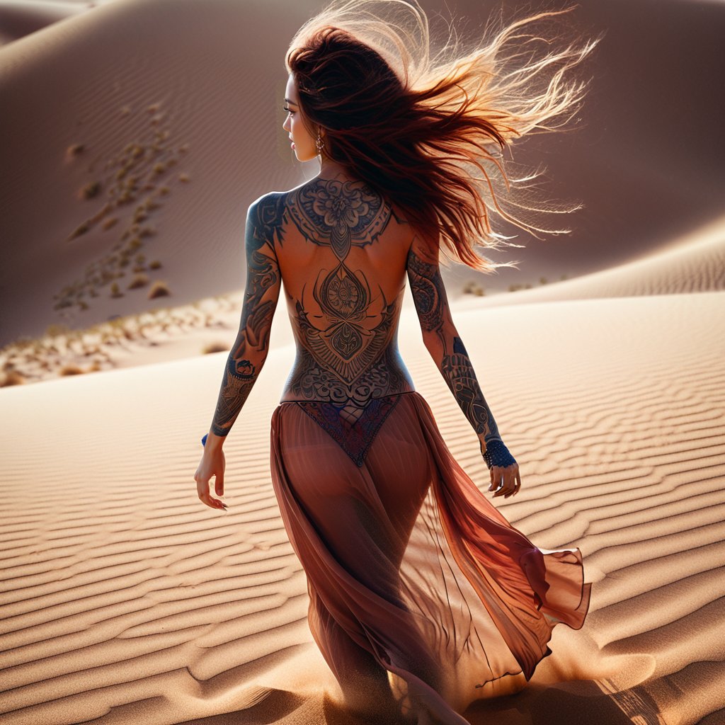 Realistic 16K resolution blue-red tone photography of 1 girl with nice hair and full body of tattooed, floating in the wind, walking on desert sand, barefoot,
break,
1 girl, Exquisitely perfect symmetric very gorgeous face, Exquisite delicate crystal clear skin, Detailed beautiful delicate eyes, perfect slim body shape, slender and beautiful fingers, nice hands, perfect hands, illuminated by film grain, Stippling style, dramatic lighting, soft lighting, motion blur, exaggerated perspective of ((Wide-angle lens depth))
