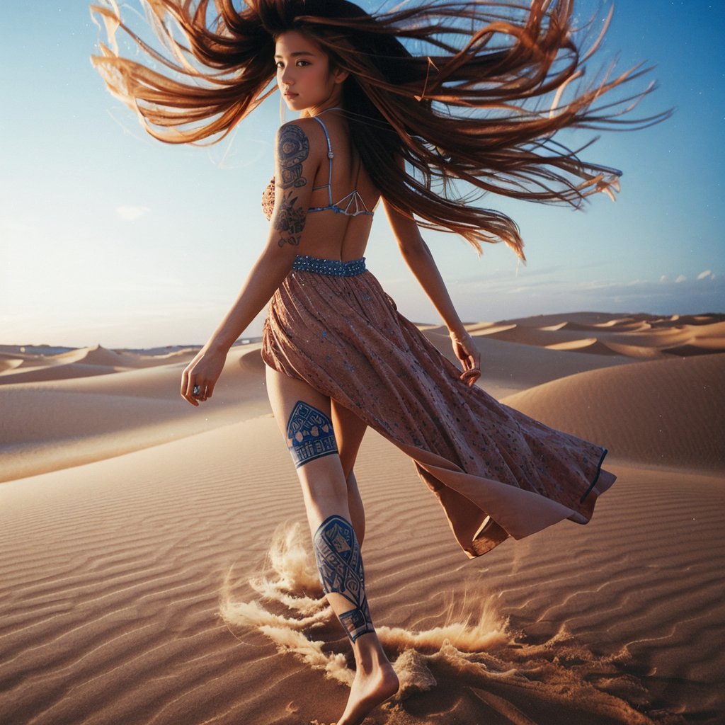 Realistic 16K resolution blue-red tone photography of 1 girl with nice hair and full body of tattooed, floating in the wind, walking on desert sand, barefoot,
break,
1 girl, Exquisitely perfect symmetric very gorgeous face, Exquisite delicate crystal clear skin, Detailed beautiful delicate eyes, perfect slim body shape, slender and beautiful fingers, nice hands, perfect hands, illuminated by film grain, Stippling style, dramatic lighting, soft lighting, motion blur, exaggerated perspective of ((Wide-angle lens depth))