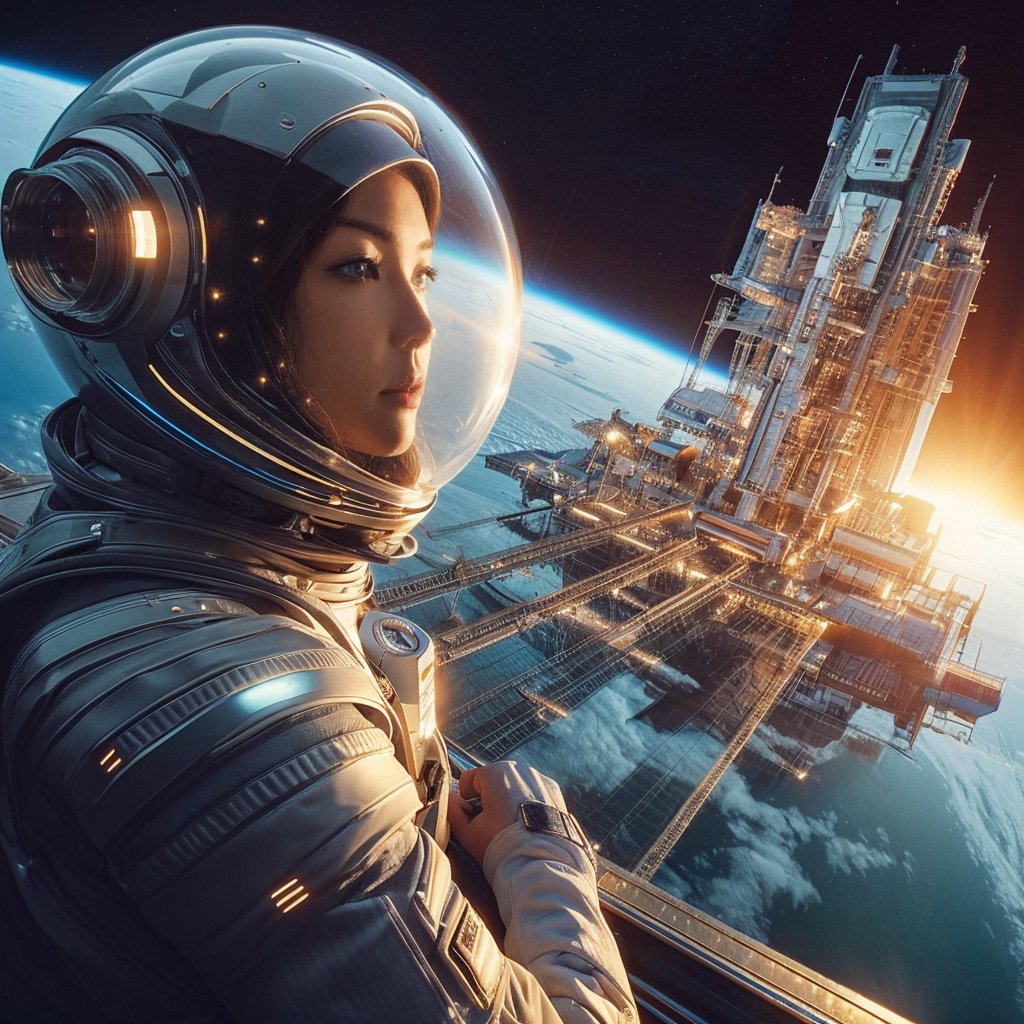 Realistic 16k resolution photography of in 2100 year 1girl wearing Futurism slim space suite, helmet, floating above earth, in front the space station,
break, 
1 girl, Exquisitely perfect symmetric very gorgeous face, Exquisite delicate crystal clear skin, Detailed beautiful delicate eyes, perfect slim body shape, slender and beautiful fingers, nice hands, perfect hands, illuminated by film grain, realistic style, realistic skin texture, dramatic lighting, soft lighting, exaggerated perspective of ((Wide-angle lens depth)),