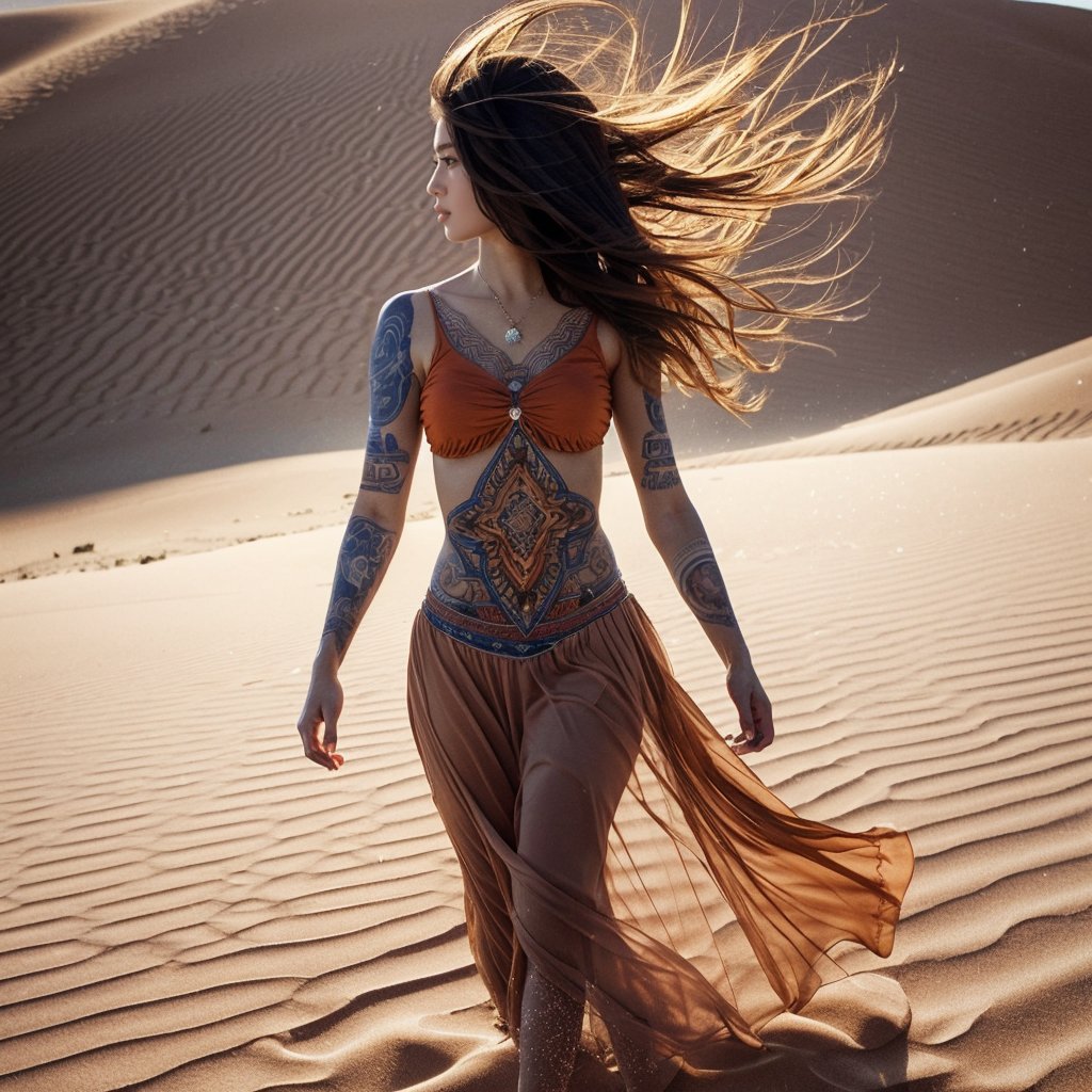 Realistic 16K resolution blue-red tone photography of 1 girl with nice hair and full body of tattooed, floating in the wind, walking on desert sand, barefoot,
break,
1 girl, Exquisitely perfect symmetric very gorgeous face, Exquisite delicate crystal clear skin, Detailed beautiful delicate eyes, perfect slim body shape, slender and beautiful fingers, nice hands, perfect hands, illuminated by film grain, Stippling style, dramatic lighting, soft lighting, motion blur, exaggerated perspective of ((Wide-angle lens depth))