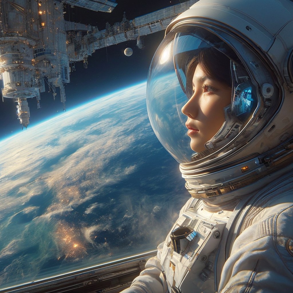 Realistic 16k resolution photography of in 2100 year 1girl wearing Futurism slim space suite, helmet, floating above earth, in front the space station,
break, 
1 girl, Exquisitely perfect symmetric very gorgeous face, Exquisite delicate crystal clear skin, Detailed beautiful delicate eyes, perfect slim body shape, slender and beautiful fingers, nice hands, perfect hands, illuminated by film grain, realistic style, realistic skin texture, dramatic lighting, soft lighting, exaggerated perspective of ((Wide-angle lens depth)),