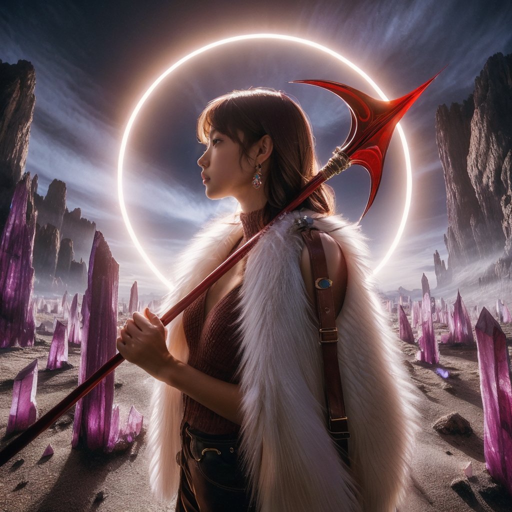 Realistic 16K resolution photography, a girl wearing a stylish white fur vest and holding red javelin above her head, looking sideways, standing on alien planet wasteland filled with purple crystals, with a huge halo behind her,
break, 
1 girl, Exquisitely perfect symmetric very gorgeous face, Exquisite delicate crystal clear skin, Detailed beautiful delicate eyes, perfect slim body shape, slender and beautiful fingers, nice hands, perfect hands, illuminated by film grain, realistic skin, dramatic lighting, soft lighting, exaggerated perspective of ((fisheye lens depth)),