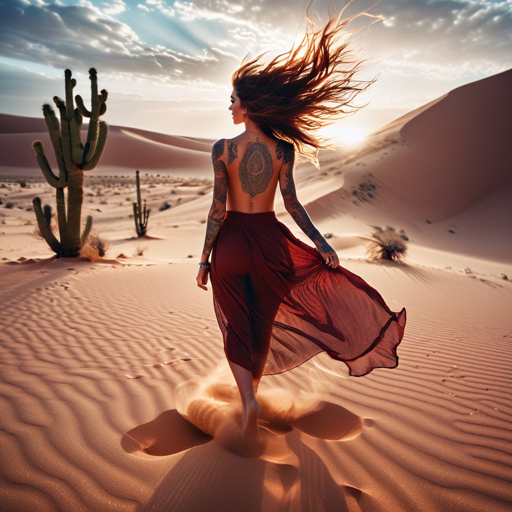 Realistic 16K resolution blue-red tone photography of 1 girl with nice hair and full body of tattooed, floating in the wind, walking on desert sand, barefoot,
break,
1 girl, Exquisitely perfect symmetric very gorgeous face, Exquisite delicate crystal clear skin, Detailed beautiful delicate eyes, perfect slim body shape, slender and beautiful fingers, nice hands, perfect hands, illuminated by film grain, Stippling style, dramatic lighting, soft lighting, motion blur, exaggerated perspective of ((Wide-angle lens depth))