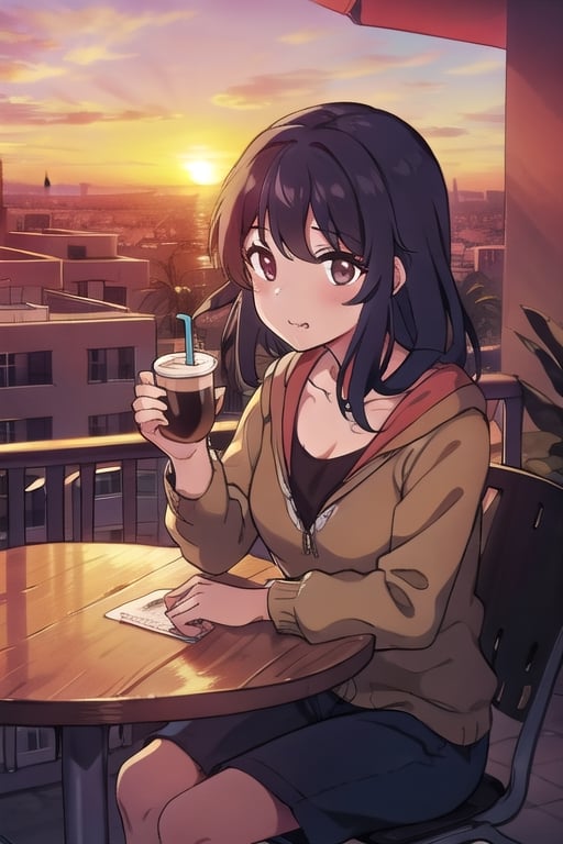 1girl, latina, drink coffe, sunset, balcony, sit, table