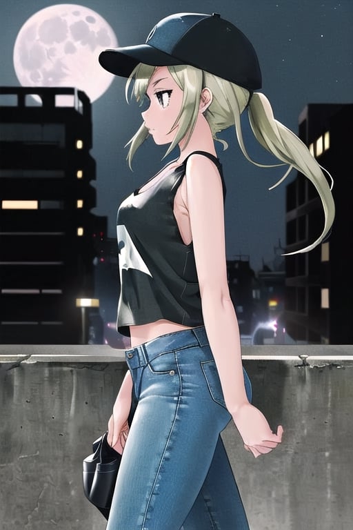 1girl, jeans, tank top, cap, walk edge wall, nigth, full moon background, city, anime ending