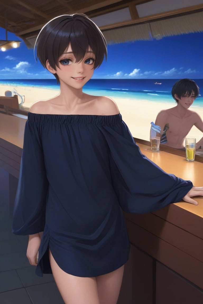 
Best quality, masterpiece, ultra high res, (photorealistic:1.4), raw photo, 1boy, night bar dress, off shoulder, beach, glowing skin, light smile, 

,Male mature, androgynous, male face, flat_chest, otoko no ko, femboy, twink, 20 years boy