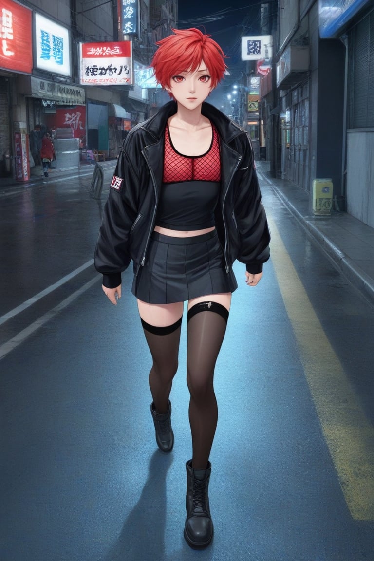 Best quality, masterpiece, ultra high res,
1boy, 

Short hair, wild hair,

Red Sport bra, black pencil skirt, fishnets, black jacket, kneehigh_boots,
Walk, street, night, 

,Male mature, androgynous, male face, flat_chest, otoko no ko, femboy, twink, trap, [[[toned]]],man