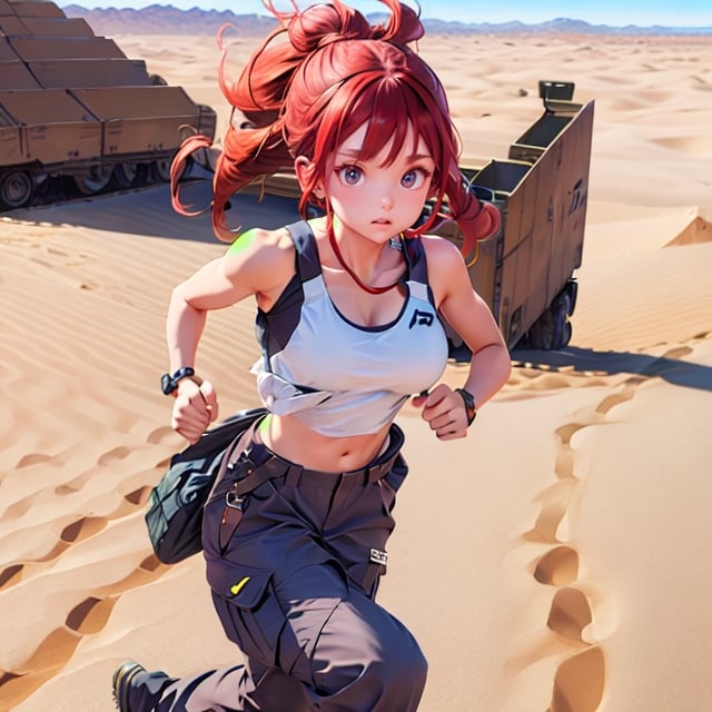 1girl, running, desert, cargo pants, tank_top, military top