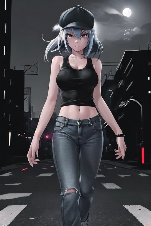 1girl, jeans, tank top, cap, walk edge wall, nigth, full moon background, city, difuse background, cyberpunk