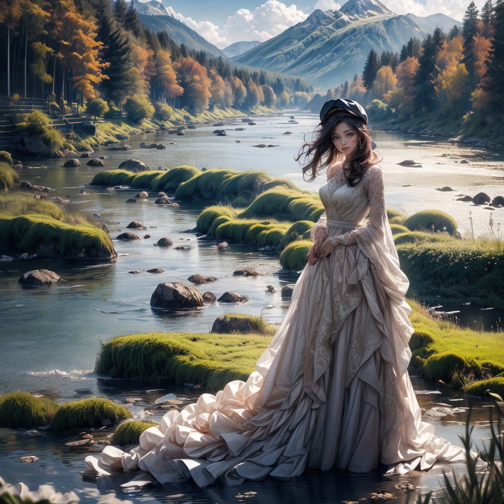 (masterpiece, best quality, best quality, official art), Caucasian, woman, wearing a dress, wearing a hat, standing on a hill with green grass, river, mountains in the background, very bright sun, some clouds., mid-travel