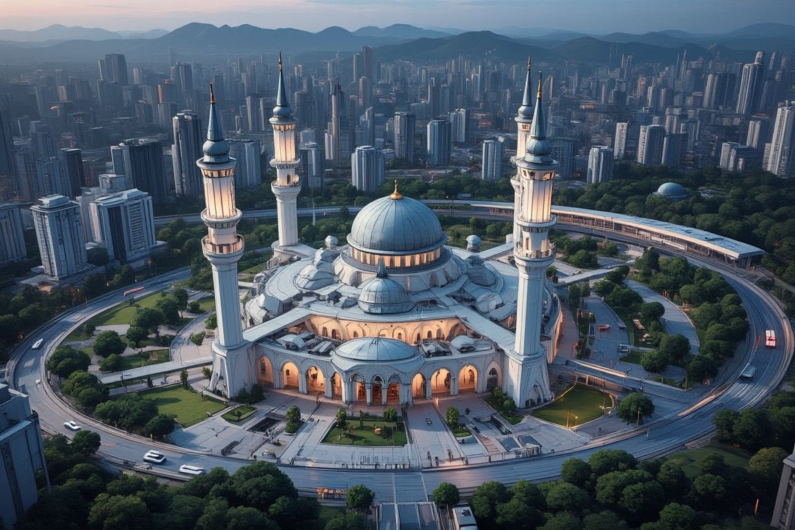 3D text landscape with lighting "SHAH ALAM" wrap around shah alam mosque,aeriel view of shah alam.selangor., 3d render, illustration, architecture