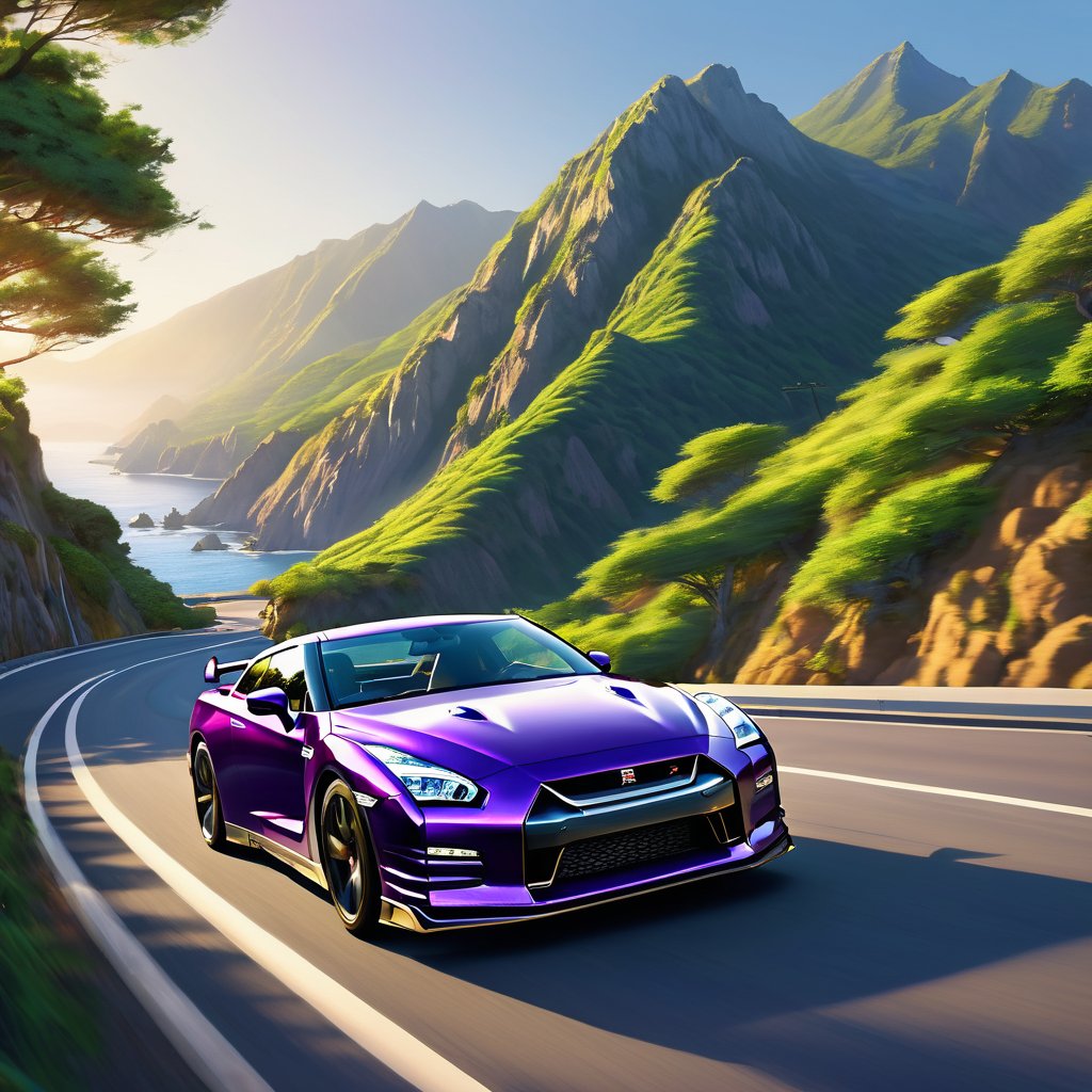 A bright Purple Nissan GT-R R35 cruising along the winding coast road, sea on the left mirroring the sky, rugged mountains rising on the right, under a cloudless azure sky, surrounding landscape lush with greenery, golden sunlight bathing the entire scene, digital painting, ultra clear, realistic, with dramatic lighting.