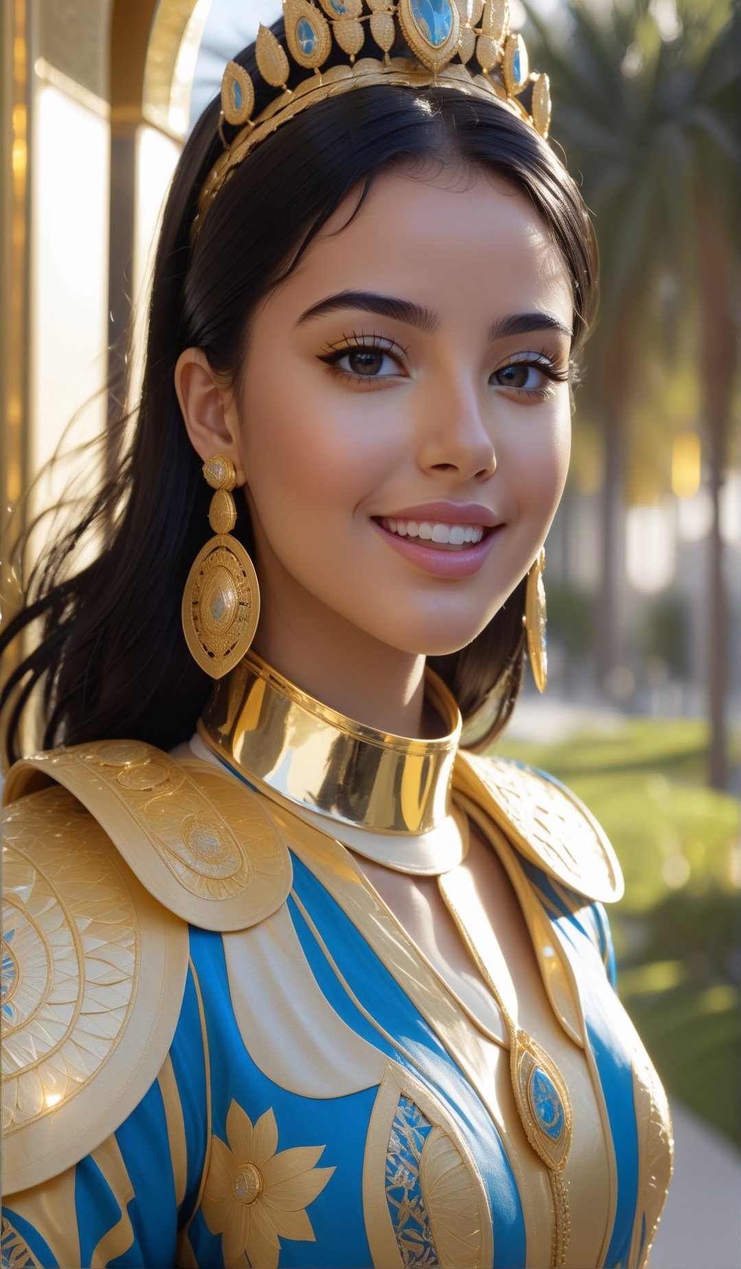 Masterpiece,8K,young woman wearing a epic gold armadura,Beautiful female version gold zodiac Leo,epic style,full body focus,portrait,high quality art,high resolution,high definition,face close up,blue eyes,puffy lips,smiling,surprised,blushing,lipstick,beautiful eyes,smooth skin,pretty woman,full body,black hair,golden earrings,Qftan. walking.