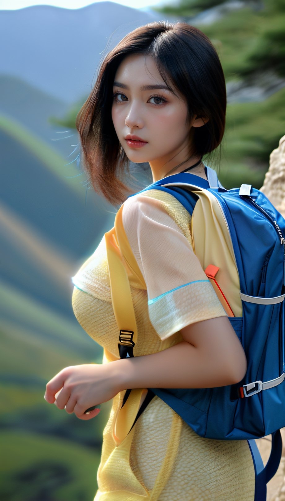 Beautiful Asian girl wears short-sleeved mountaineering gear and carries a backpack on her back