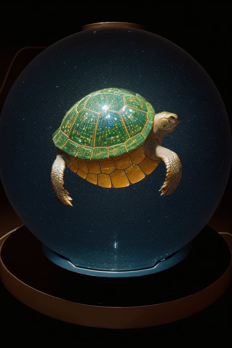 Detailed, masterpiece, professional, bold colors, octane rendering, photography, HDR, close-up image of a turtle whose shell is a complete disco ball. The shell is a perfectly round mirrored sphere with small reflective tiles, just like a classic disco ball. As the tortoise moves through the lush garden, rays of sunlight hit the mirrored surface, scattering the light in all directions and creating a stunning network of sparkles and reflections across the environment. The background is slightly blurred to emphasize the turtle with the unique disco ball shell. Taken using a vintage camera, film detail, chromatic aberration