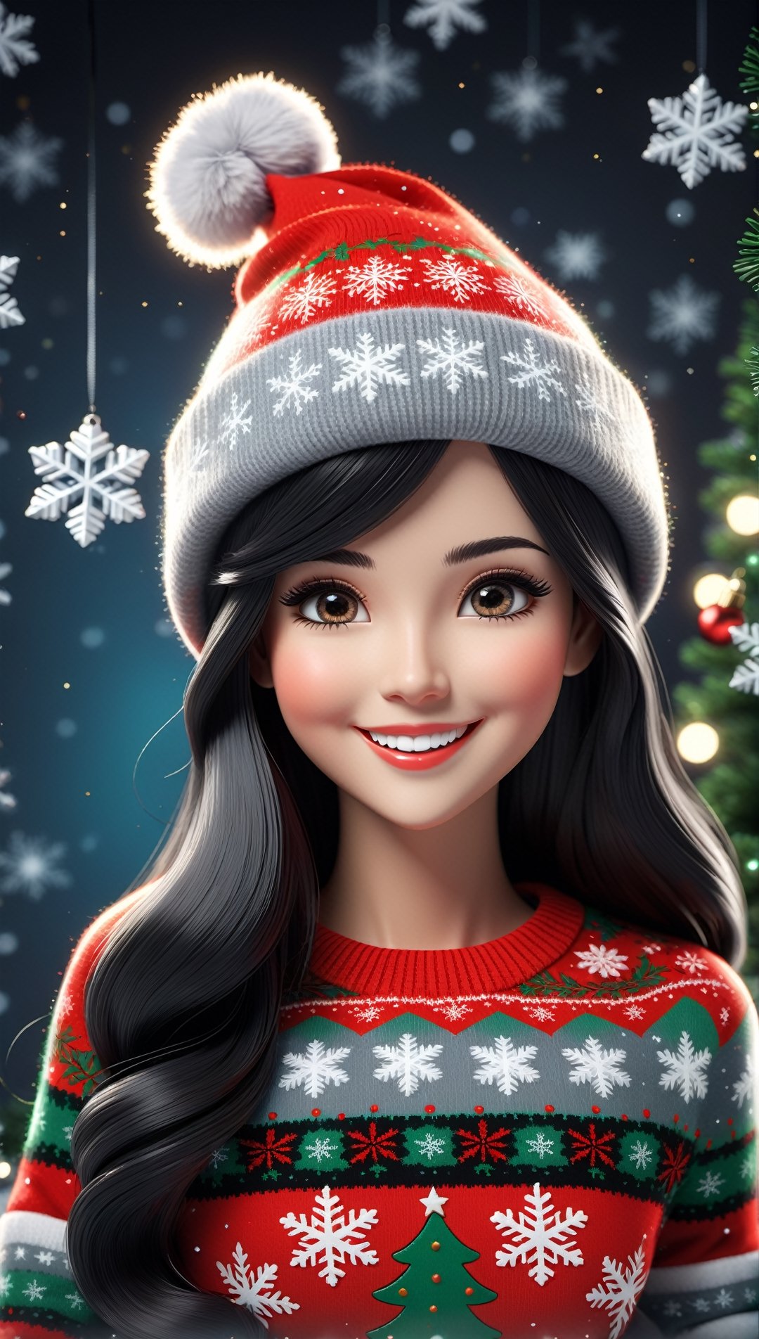 Cute vintage art style of a sitting woman, dark Christmas hat, with a smile on the front, wearing a ugly Christmas sweater with black eyes and with glass and long black straight hair with gray highlights. 3D, with Christmas background, with snowflakes and pretty glass ornaments, very elegant hair. barbiecore, very very cute , photo, 3d render, fashion, cinematic, product, illustration, anime