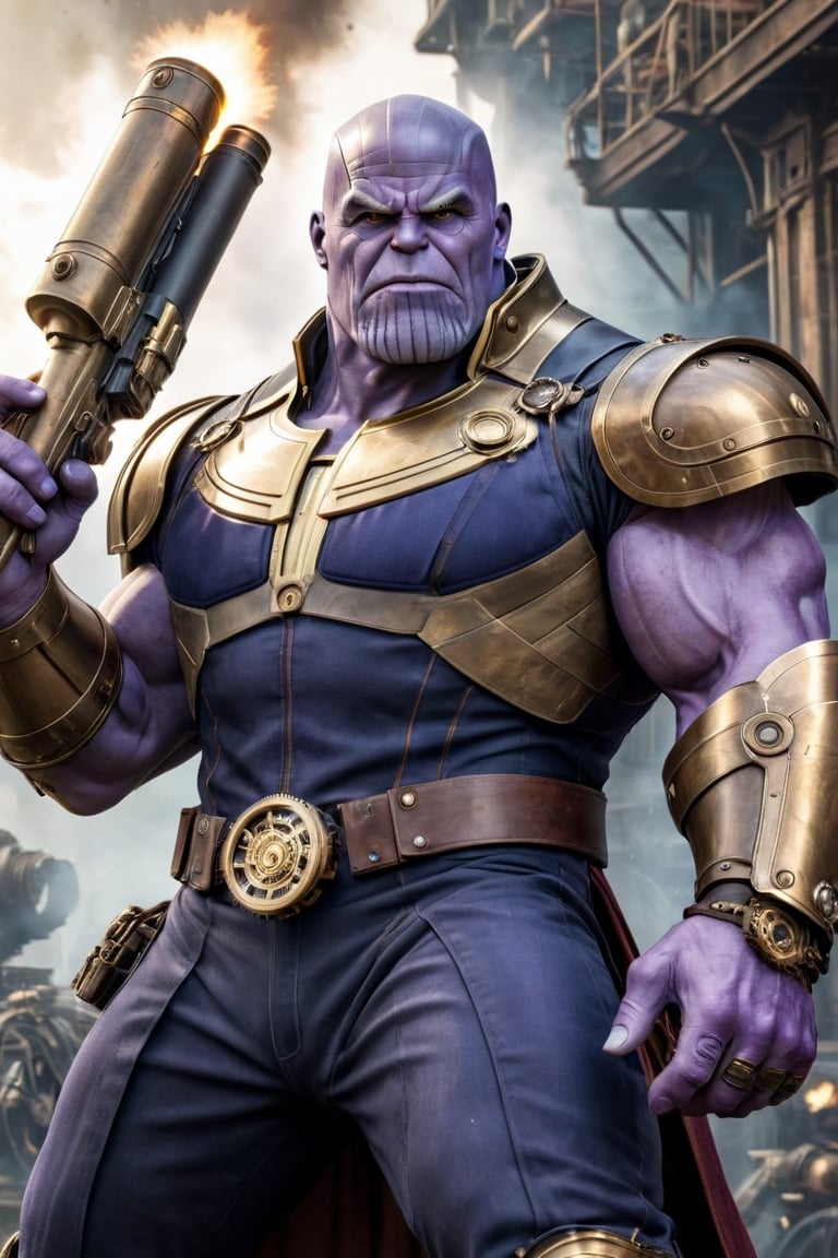 ((Generate hyper realistic image of Thanos holding a RPG in a captivating scene featuring a stunning 45 years old steampunk 19th century background )) semi side view,  gray eyes, photography style , Extremely Realistic, ,, darkart,3dmdt1,ste4mpunk,HZ Steampunk