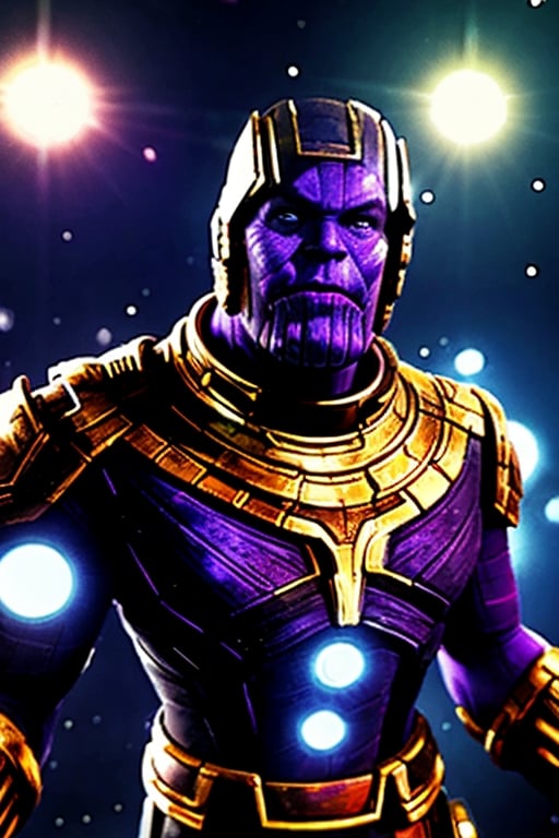 ((Thanos)) ((flying through outer space)) (with cool space armor, blue colors and glowing effects) (Science Fiction) ((MASTERPIECE)) (8K) (Ultra HD) (Super Sharp) (Ultra realistic) (Not blurry) (physically Correct) (anatomically correct) (perfect shadows)