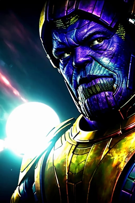 ((Thanos)) ((flying through outer space)) (with cool space armor, blue colors and glowing effects) (Science Fiction) ((MASTERPIECE)) (8K) (Ultra HD) (Super Sharp) (Ultra realistic) (physically Correct) (anatomically correct) (perfect shadows)