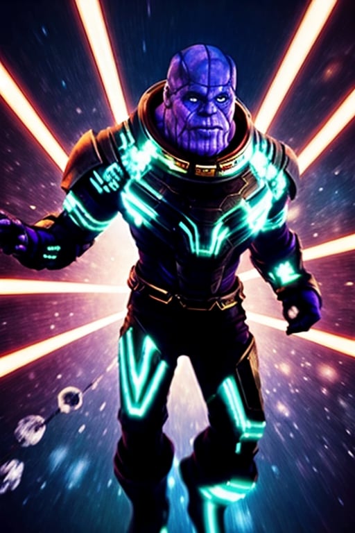 ((Thanos)) ((flying through outer space)) (with cool space armor, blue colors and glowing effects) (Science Fiction) ((MASTERPIECE)) (8K) (Ultra HD) (Super Sharp) (Ultra realistic) (Not blurry) (physically Correct) (anatomically correct) (perfect shadows)