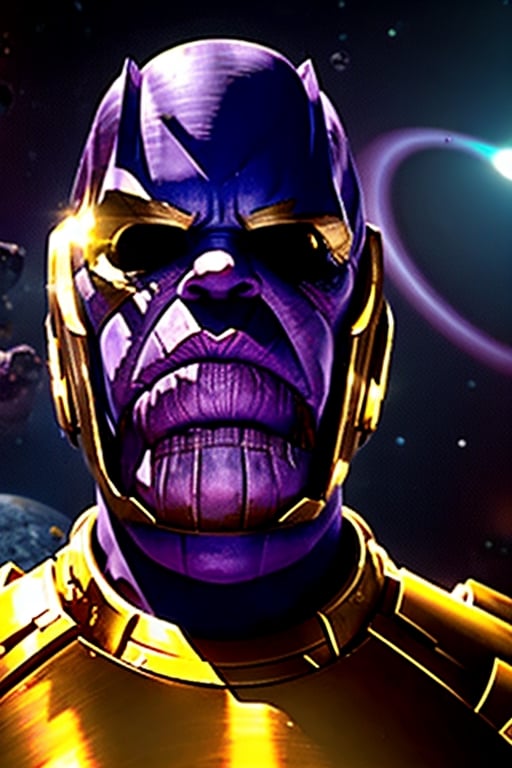 ((Thanos)) ((flying through outer space)) (with cool space armor, blue colors and glowing effects) (Science Fiction) ((MASTERPIECE)) (8K resolution) (Ultra realistic) (physically Correct) (anatomically correct) (perfect shadows)