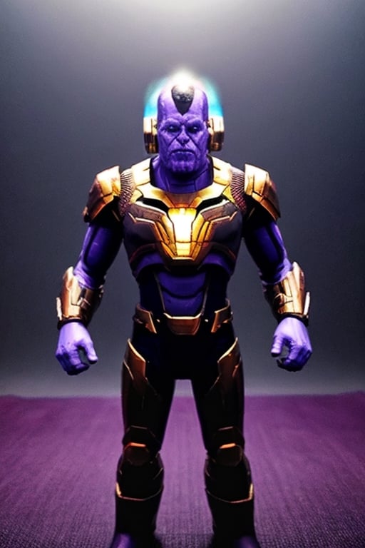 Thanos flying in outer space, with cool space armor, blue colors and glowing effects ((MASTERPIECE)) (8K resolution) (Ultra realistic) (physically Correct) (anatomically correct) (perfect shadows)