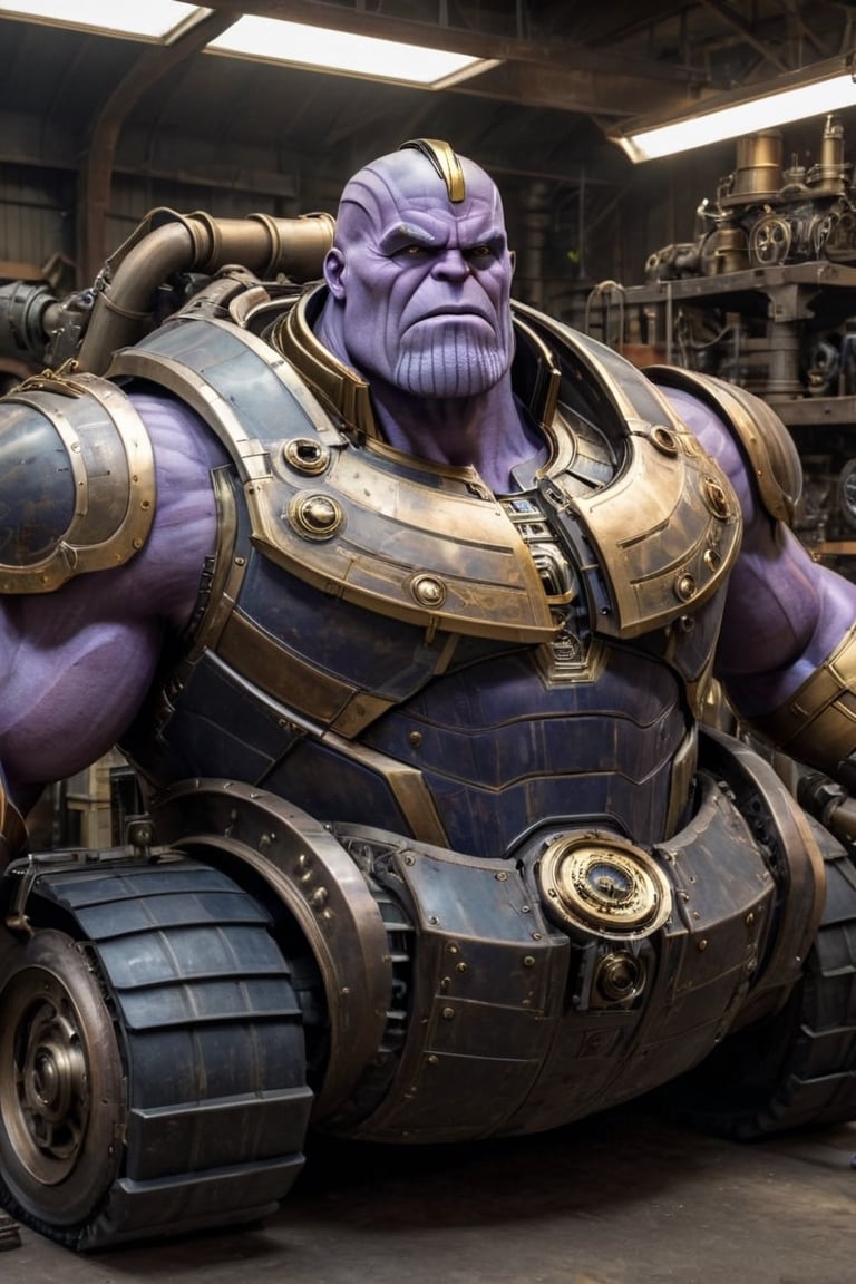 ((Generate hyper realistic image of Thanos in a tank in a workshop with vehicle parts featuring a stunning 45 years old steampunk 19th century background )) semi side view,  gray eyes, photography style , Extremely Realistic, ((( full body ))),, darkart,3dmdt1,ste4mpunk,HZ Steampunk