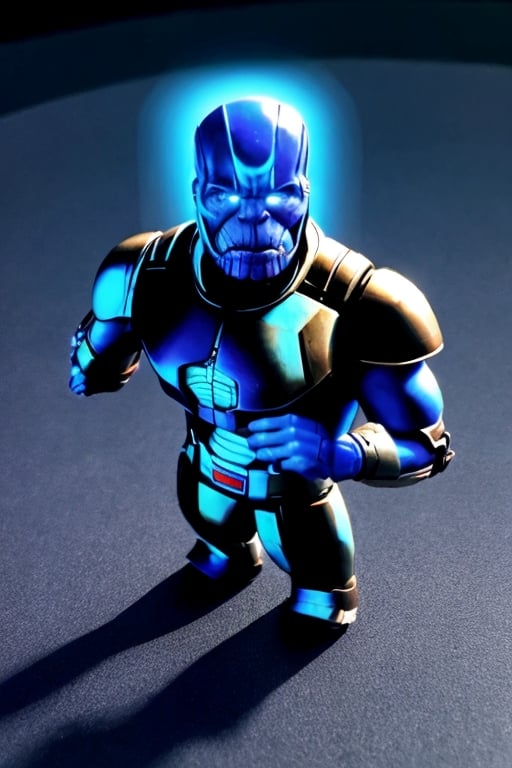 Thanos flying in outer space, with cool space armor, blue colors and glowing effects ((MASTERPIECE)) (8K resolution) (Ultra realistic) (physically Correct) (anatomically correct) (perfect shadows)