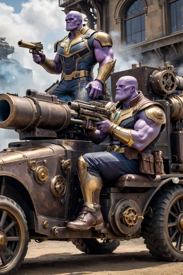 ((Generate hyper realistic image of Thanos sitting and shooting on a big anti-air-vehicle gun mounted on a vehicle featuring a stunning 45 years old steampunk 19th century background )) semi side view,  gray eyes, photography style , Extremely Realistic, ((( full body ))),, darkart,3dmdt1,ste4mpunk,HZ Steampunk