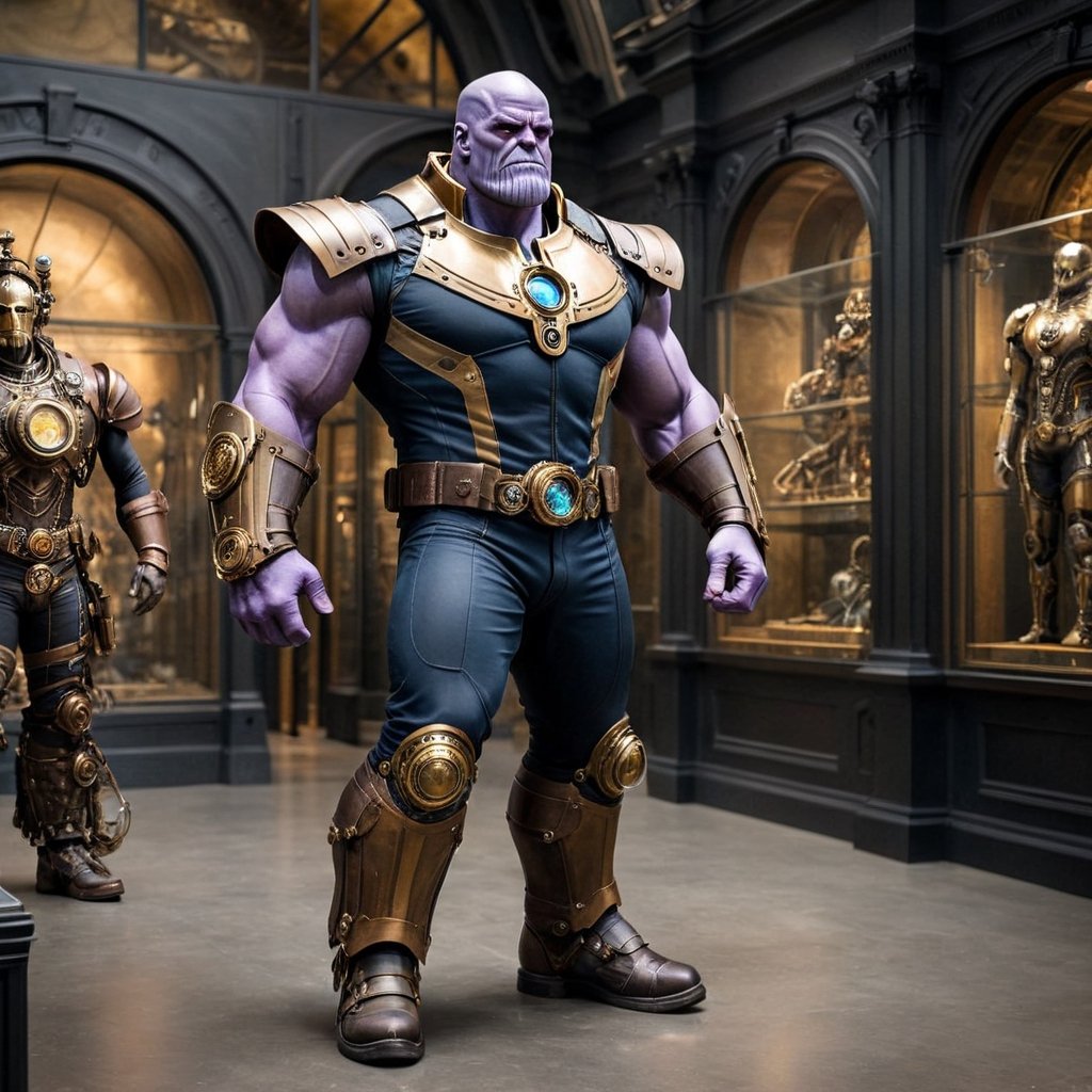 ((Generate hyper realistic full body image of Thanos captivating scene featuring a stunning 45 years old steampunk 19th century explorer visiting the museum of natural sciences  )) semi side view,  gray eyes, photography style , Extremely Realistic,  (((full body))),, darkart,3dmdt1,ste4mpunk,HZ Steampunk