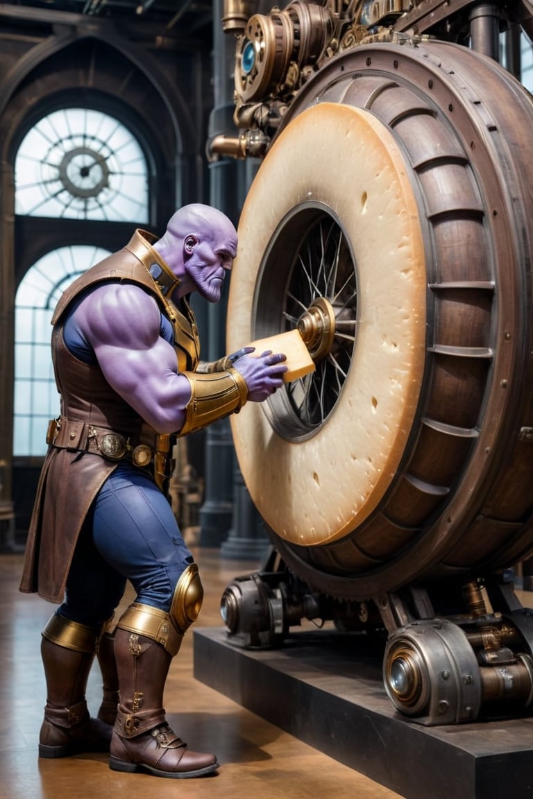 ((Generate hyper realistic image of Thanos kissing a big wheel of cheese in a captivating scene featuring a stunning 45 years old steampunk 19th century explorer visiting the museum of natural sciences  )) semi side view,  gray eyes, photography style , Extremely Realistic,  (((full body))),, darkart,3dmdt1,ste4mpunk,HZ Steampunk