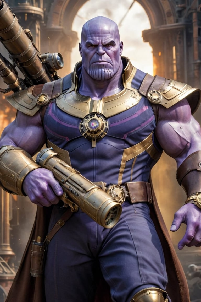 ((Generate hyper realistic image of Thanos holding a RPG in a captivating scene featuring a stunning 45 years old steampunk 19th century background )) semi side view,  gray eyes, photography style , Extremely Realistic, ,, darkart,3dmdt1,ste4mpunk,HZ Steampunk