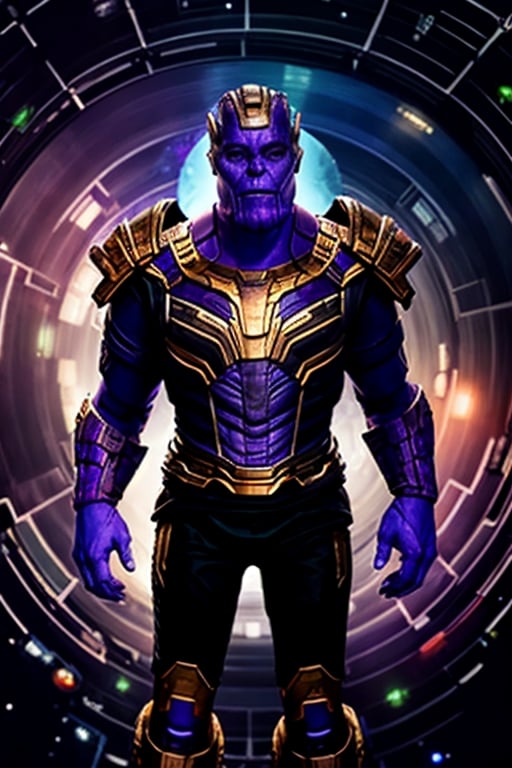 ((Thanos)) ((flying through outer space)) (with cool space armor, blue colors and glowing effects) (Science Fiction) ((MASTERPIECE)) (8K resolution) (Ultra realistic) (physically Correct) (anatomically correct) (perfect shadows)